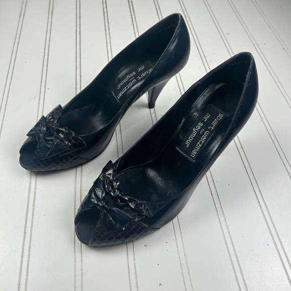 Stuart Weitzman Vintage Mr. Seymour Navy Leather Peep Toe Heels Women’s 8.5B - Picture 2 of 11